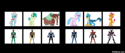 Size: 1400x600 | Tagged: safe, artist:zerowizard, derpibooru import, gallus, ocellus, sandbar, silverstream, smolder, yona, comparison, kamen rider, kamen rider ooo, solo, student six