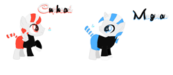 Size: 979x423 | Tagged: safe, artist:hetaliafranceluvr123, artist:selenaede, derpibooru import, pegasus, pony, unicorn, base used, clothes, crossover, cuphead, cuphead (character), hasbro, hasbro studios, mugman, ponified, studio mdhr