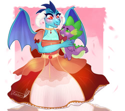 Size: 1024x915 | Tagged: safe, artist:zakkurro, derpibooru import, princess ember, dragon, abstract background, blushing, clothes, commission, dragoness, dress, female, heart, heart eyes, implied emberspike, implied shipping, implied straight, open mouth, signature, solo, spike plushie, wingding eyes