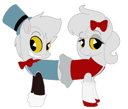 Size: 523x446 | Tagged: safe, artist:eggi-myst3ry, artist:selenaede, derpibooru import, earth pony, pony, base used, bow, bowtie, clothes, conjoined, conjoined twins, crossover, cuphead, gloves, hair bow, hat, pacman eyes, pip & dot, ponified, shoes, simple background, studio mdhr, transparent background