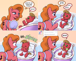 Size: 1502x1202 | Tagged: safe, artist:muffinshire, derpibooru import, oc, oc:charity, oc:pun, pony, ask, ask pun, baby, baby pony, baby punny, diaper, female, mother and child, mother and daughter, parent and child, sneezing, snot