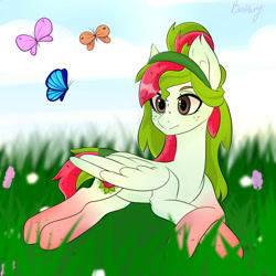 Size: 2000x2000 | Tagged: safe, artist:bestiary, derpibooru import, oc, oc only, oc:watermelana, butterfly, pegasus, pony, cloud, flower, freckles, gradient hooves, grass, lying down, sky, solo