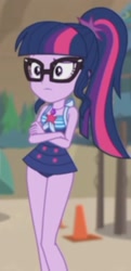 Size: 1018x2100 | Tagged: safe, derpibooru import, screencap, sci-twi, twilight sparkle, better together, equestria girls, unsolved selfie mysteries, adorasexy, beach, clothes, cropped, crossed arms, cute, geode of telekinesis, glasses, legs, magical geodes, ponytail, sexy, sleeveless, solo, swimsuit