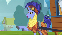 Size: 1280x720 | Tagged: safe, derpibooru import, screencap, hoo'far, pony, saddle arabian, unicorn, road to friendship, clothes, goggles, male, pointing, solo, stallion