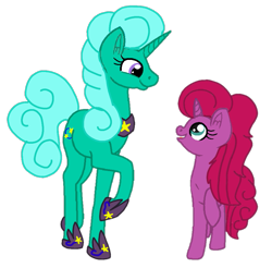 Size: 923x909 | Tagged: safe, artist:徐詩珮, derpibooru import, glitter drops, oc, oc:betty pop, pony, unicorn, my little pony: the movie, female, hoof shoes, magical lesbian spawn, mother and child, mother and daughter, next generation, offspring, parent and child, parent:glitter drops, parent:tempest shadow, parents:glittershadow, simple background, transparent background