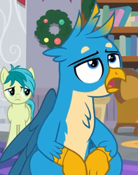 Size: 488x618 | Tagged: safe, derpibooru import, screencap, gallus, sandbar, earth pony, griffon, pony, the hearth's warming club, cropped, male