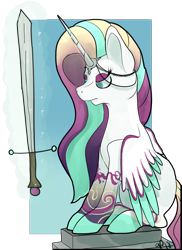 Size: 2400x3300 | Tagged: safe, artist:overlord pony, derpibooru import, oc, oc only, oc:aurora risk, pegasus, pony, crown, inktober, jewelry, regalia, simple background, sitting, solo, sword, weapon