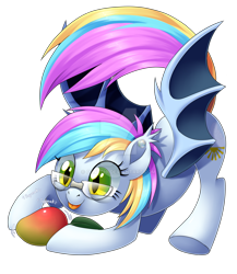 Size: 1024x1178 | Tagged: safe, artist:centchi, derpibooru import, oc, oc:eclaircie, bat pony, pony, bat pony oc, deviantart watermark, female, food, glasses, mango, mare, rainbow hair, simple background, solo, transparent background, watermark