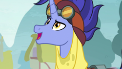 Size: 1280x720 | Tagged: safe, derpibooru import, screencap, hoo'far, pony, saddle arabian, unicorn, road to friendship, bust, goggles, looking up, male, open mouth, smiling, solo, stallion, two toned mane