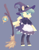 Size: 1156x1481 | Tagged: safe, artist:amphoera, derpibooru import, oc, oc only, oc:venti via, pegasus, pony, semi-anthro, apron, blue background, broom, clothes, dress, hat, lineless, simple background, solo, witch, witch hat