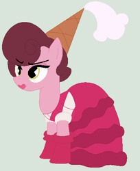 Size: 404x495 | Tagged: safe, artist:eggi-myst3ry, artist:selenaede, derpibooru import, earth pony, pony, baroness von bon bon, base used, clothes, crossover, cuphead, dress, gloves, gown, hat, pacman eyes, ponified, sleeveless, sleeveless dress, studio mdhr