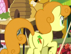 Size: 357x274 | Tagged: safe, derpibooru import, screencap, carrot top, golden harvest, earth pony, pony, yakity-sax, background pony, cropped, female, goldenbutt, mare, market, plot, solo