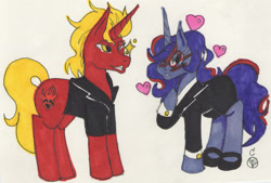 Size: 1998x1354 | Tagged: safe, artist:cailadelrose, derpibooru import, oc, oc only, oc:aramau, oc:firebrand, pony, unicorn, blushing, female, glasses, heart, high heels, male, mare, oc x oc, one eye closed, shipping, shoes, simple background, stallion, straight, traditional art, white background, wink