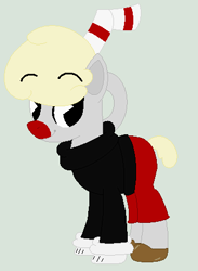 Size: 331x453 | Tagged: safe, artist:eggi-myst3ry, artist:selenaede, derpibooru import, earth pony, pony, base used, clothes, crossover, cuphead, cuphead (character), gloves, pacman eyes, ponified, shirt, shoes, shorts, straw, studio mdhr