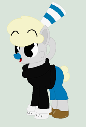 Size: 330x488 | Tagged: safe, artist:eggi-myst3ry, artist:selenaede, derpibooru import, earth pony, pony, base used, clothes, crossover, cuphead, gloves, mugman, pacman eyes, ponified, shoes, straw, studio mdhr