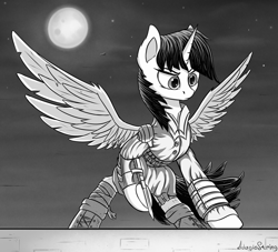 Size: 2200x2000 | Tagged: safe, artist:adagiostring, derpibooru import, twilight sparkle, twilight sparkle (alicorn), alicorn, pony, assassin's creed, clothes, crossover, ear fluff, female, full moon, grayscale, manga, mare, monochrome, moon, solo, spread wings, wings