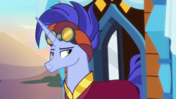 Size: 1280x720 | Tagged: safe, derpibooru import, screencap, hoo'far, pony, saddle arabian, unicorn, road to friendship, clothes, goggles, lidded eyes, male, sideways glance, solo, stallion, stupid sexy hoo'far