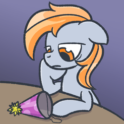 Size: 1280x1280 | Tagged: safe, artist:phat_guy, derpibooru exclusive, derpibooru import, oc, oc only, oc:darkest hour, earth pony, pony, female, hat, hoof on cheek, mare, party hat, sad, solo, table, vent art