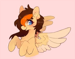 Size: 640x508 | Tagged: safe, artist:dreamyri, derpibooru import, oc, oc only, oc:aerion featherquill, pegasus, pony, blue eyes, blushing, colored wings, female, looking at you, mare, multicolored hair, multicolored wings, raised hooves, simple background, smiling, solo, spread wings