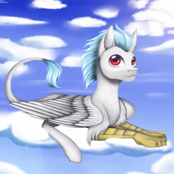 Size: 4000x4000 | Tagged: safe, artist:shkura2011, derpibooru import, oc, oc only, hippogriff, absurd resolution, cloud, male, prone, solo