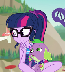 Size: 850x944 | Tagged: safe, derpibooru import, screencap, sci-twi, spike, spike the regular dog, twilight sparkle, dog, better together, equestria girls, forgotten friendship, clothes, cropped, female, geode of telekinesis, glasses, magical geodes, male, ponytail, swimsuit