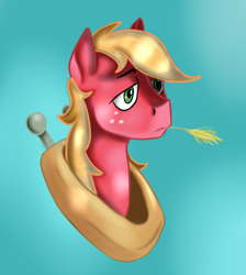 Size: 762x851 | Tagged: safe, artist:jbond, artist:skrapbox, color edit, derpibooru import, edit, big macintosh, bust, colored, disembodied head, food, head, painting, portrait, solo, straw in mouth, wheat