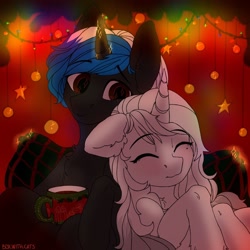 Size: 604x604 | Tagged: safe, artist:kotya, derpibooru import, cozy glow, oc, oc only, oc:red peacemaker, pegasus, pony, unicorn, christmas, christmas lights, cup, food, holiday, pillow, smiling, tea, teacup