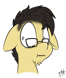 Size: 1059x1244 | Tagged: safe, artist:fakskis, derpibooru import, oc, oc only, oc:pencil draft, pony, beard, facial hair, floppy ears, glasses, shrunken pupils, simple background, surprised, sweat, sweating profusely, white background