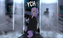 Size: 2400x1440 | Tagged: safe, artist:mintjuice, derpibooru import, anthro, advertisement, ambush, bomb, clothes, commission, detonator, female, laser, mare, parking, searching, smoke, soldier, spy, stealth suit, weapon, ych example, your character here