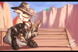 Size: 3000x2000 | Tagged: safe, artist:theprince, derpibooru import, earth pony, pony, ashe (overwatch), clothes, cowboy hat, crossover, female, gun, hat, lever action rifle, mare, overwatch, ponified, rifle, smiling, solo, stetson, weapon