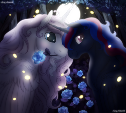 Size: 1600x1440 | Tagged: safe, artist:acry-artwork, derpibooru import, oc, oc:diamond shine, alicorn, firefly (insect), pony, couple, flower, holiday, moon, night, oc couple, rose, valentine's day