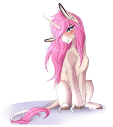 Size: 2683x3017 | Tagged: safe, artist:allisonbacker, artist:mewblades, derpibooru import, oc, oc only, oc:tarot, classical unicorn, pony, unicorn, blushing, cloven hooves, curved horn, digital art, ear piercing, female, floppy ears, freckles, leonine tail, long mane, long tail, mare, palomino, piercing, pink mane, simple background, solo, transparent background, unshorn fetlocks