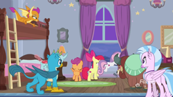 Size: 1920x1080 | Tagged: safe, derpibooru import, screencap, apple bloom, gallus, ocellus, scootaloo, silverstream, smolder, sweetie belle, yona, changedling, changeling, classical hippogriff, dragon, earth pony, griffon, hippogriff, pegasus, pony, unicorn, yak, school raze, bow, bunk bed, claws, cloven hooves, dragoness, female, filly, foal, hair bow, jewelry, ladder, male, monkey swings, necklace, paws, tail, window, wings