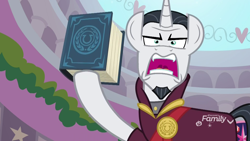 Size: 1920x1080 | Tagged: safe, derpibooru import, screencap, chancellor neighsay, pony, unicorn, school raze, book, eea rulebook, facial hair, faic, goatee, male, medallion, open mouth, solo, stallion