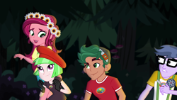 Size: 1920x1080 | Tagged: safe, derpibooru import, screencap, drama letter, gloriosa daisy, microchips, timber spruce, watermelody, equestria girls, legend of everfree, background human, camp everfree logo, camp everfree outfits, female, flower, flower in hair, smiling