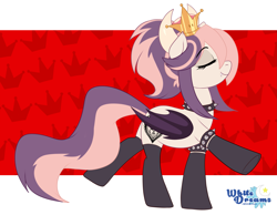 Size: 3071x2379 | Tagged: safe, artist:xwhitedreamsx, derpibooru import, oc, oc only, oc:sweet velvet, bat pony, pony, abstract background, bat pony oc, bat wings, bowsette, bracelet, choker, clothes, crown, cute, cute little fangs, eyelashes, eyes closed, fangs, female, folded wings, horns, jewelry, mare, necklace, new super mario bros. u deluxe, nintendo, power-up, regalia, smiling, socks, solo, spiked choker, spiked wristband, super crown, super mario bros., watermark, wings, wristband