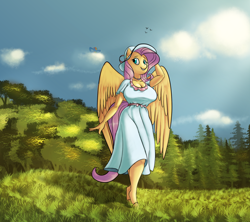 Size: 2000x1775 | Tagged: safe, artist:joenobody, artist:just-another-vore-artist, derpibooru import, fluttershy, rainbow dash, anthro, pegasus, unguligrade anthro, breasts, cleavage, clothes, dress, female, hat, hootershy, hooves, mare, outdoors, smiling, solo focus