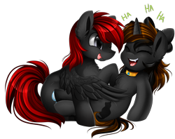 Size: 3030x2400 | Tagged: safe, artist:pridark, derpibooru import, oc, oc only, pegasus, pony, unicorn, chest fluff, collar, commission, cute, eyes closed, fangs, ha, laughing, open mouth, red and black oc, simple background, tickling, transparent background