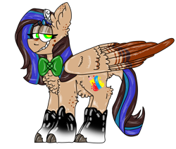 Size: 1400x1184 | Tagged: safe, artist:latiapainting, derpibooru import, oc, oc only, oc:painting cincel, pegasus, pony, bowtie, colored wings, feather, multicolored wings, simple background, smiling, solo, transparent background