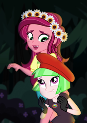 Size: 733x1027 | Tagged: safe, derpibooru import, screencap, drama letter, gloriosa daisy, watermelody, equestria girls, legend of everfree, background human, beret, camp everfree logo, camp everfree outfits, cropped, duo, duo female, female, flower, flower in hair, hat, smiling