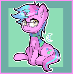 Size: 475x480 | Tagged: safe, artist:vintyri, derpibooru exclusive, derpibooru import, oc, oc:sour cherry, pony, unicorn, amber eyes, clothes, commission, cutie mark, ear fluff, frog (hoof), glasses, looking at you, male, multicolored hair, piercing, pink coat, scarf, simple background, sitting, solo, stallion, underhoof