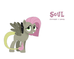 Size: 2500x2000 | Tagged: safe, artist:sugarstraw, derpibooru exclusive, derpibooru import, oc, oc only, oc:soul (sugarstraw), hybrid, pegasus, pony, blank flank, female, grin, hooves, interspecies offspring, lineless, mare, offspring, parent:discord, parent:fluttershy, parents:discoshy, simple background, smiling, solo, spread wings, text, transparent background, wings