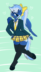 Size: 2880x4954 | Tagged: safe, artist:wickedsilly, derpibooru import, oc, oc only, oc:lunacy, anthro, abstract background, bow, clothes, commission, female, heart, looking at you, mare, one eye closed, school uniform, solo, wink