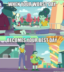 Size: 600x674 | Tagged: safe, derpibooru import, edit, edited screencap, screencap, gold rush (character), mint chip, equestria girls, equestria girls series, rollercoaster of friendship, background human, everything went better than expected, female, good end, image macro, male, meme, mother and child, mother and son, offscreen character, parent and child, serendipity (scenario)