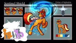 Size: 1900x1080 | Tagged: safe, artist:halfway-to-insanity, derpibooru import, oc, oc:sentinel shield, pony, unicorn, action pose, color palette, expressions, pose, reference sheet, size chart, size comparison, solo