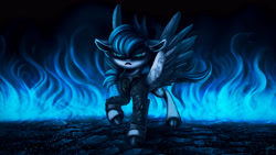 Size: 3840x2160 | Tagged: safe, artist:hagallaz, derpibooru import, oc, oc only, oc:sky fang, pegasus, pony, 4k, angry, clothes, commission, digital art, female, fire, high res, jacket, mare, solo, spread wings, wings