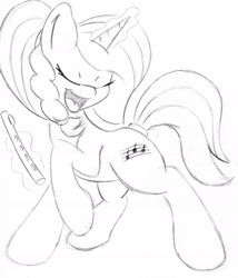 Size: 1652x1928 | Tagged: safe, artist:zemer, derpibooru import, oc, oc:allegro dolce, pony, art trade, eyes closed, flute, levitation, magic, monochrome, musical instrument, open mouth, raised leg, singing, telekinesis