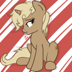 Size: 2100x2100 | Tagged: safe, artist:lannielona, derpibooru import, oc, oc only, oc:honey bee, pony, unicorn, abstract background, candy, candy cane, christmas, female, food, high res, holiday, looking back, mare, sitting, solo, wrapping paper, ych result