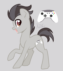 Size: 800x900 | Tagged: safe, artist:lullabyprince, artist:palerose522, derpibooru import, oc, oc only, oc:keith (ice1517), earth pony, pony, gray background, icey-verse, magical gay spawn, male, next generation, offspring, open mouth, parent:button mash, parent:rumble, parents:rumblemash, raised hoof, simple background, solo, stallion