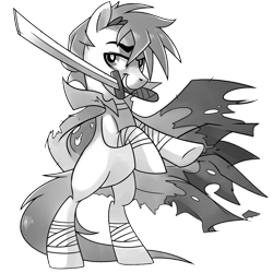 Size: 1024x1024 | Tagged: safe, artist:pepooni, derpibooru import, oc, oc only, pony, bandage, bipedal, black and white, buck legacy, card art, cloak, clothes, grayscale, katana, looking at you, male, monochrome, raised eyebrow, rearing, simple background, solo, sword, tattered, transparent background, weapon